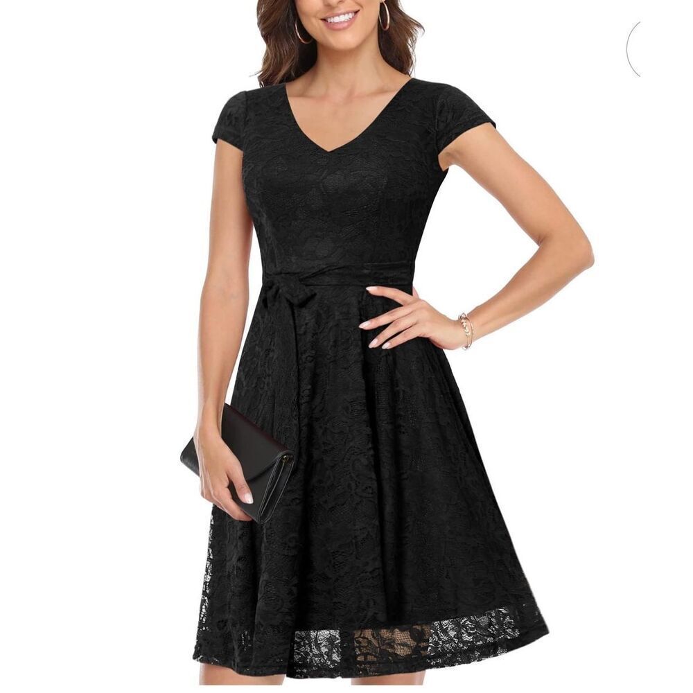 NEW Cap-Sleeve Lace Floral Elegant Cocktail Dress Bridesmaid L